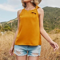 bow knot ginger yellow sleeveless tanks tops chiffon sweet summer o neck women y2k solid 2021 new dropshipping