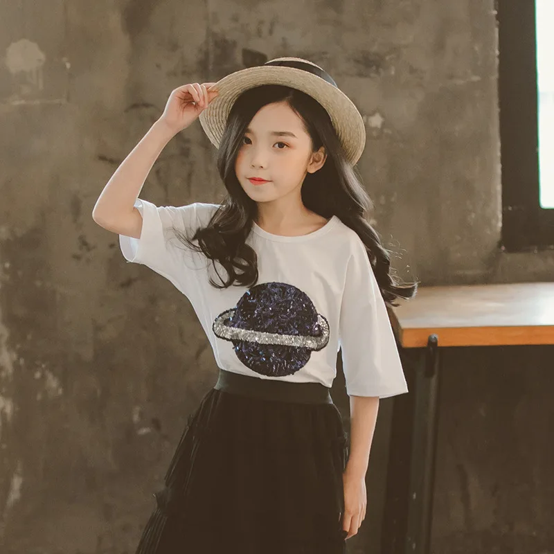 

Summer Short Sleeve Tea-Length Cotton Solid Color Sequins Ruffles Korean Version 2021 Fashion Cake Skirt Suit Two-Piece TZ00169