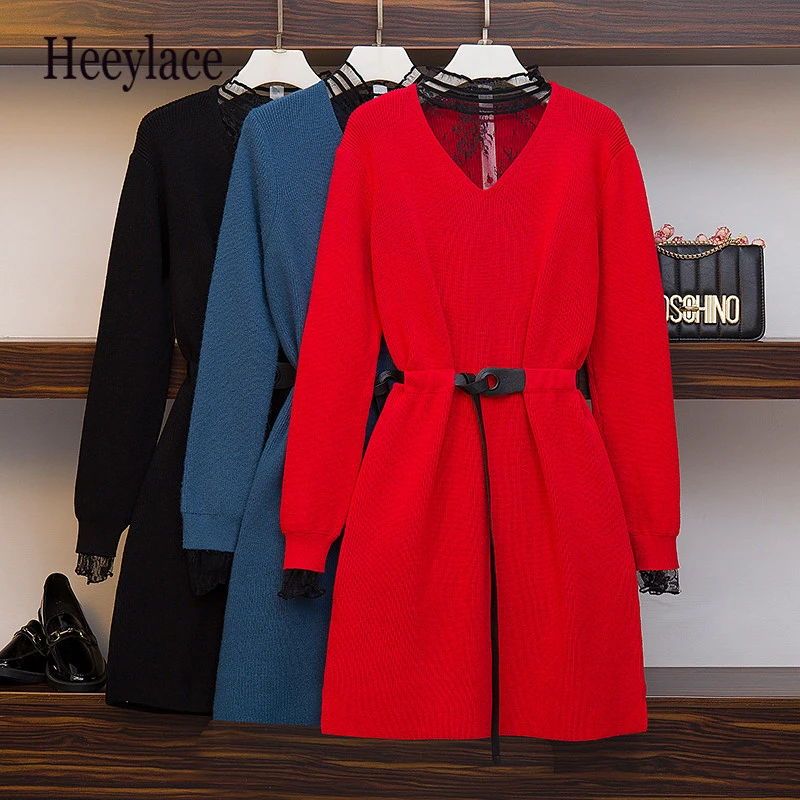 Размера плюс кружевное трикотажное платье с открытыми плечами и длинным рукавом