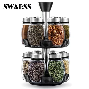 revolving spice rack organizer seasoning tool glass sugar bowl salt jar pepper kitchen gadget label sticker spices storage box free global shipping