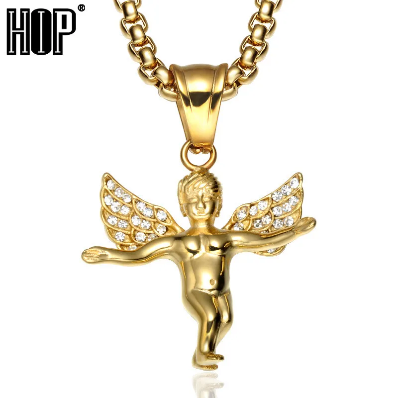 

HIP Hop Gold Color Stainless Steel Bling Iced Out Rope Chain Angel Pendants & Necklaces for Men Jewelry