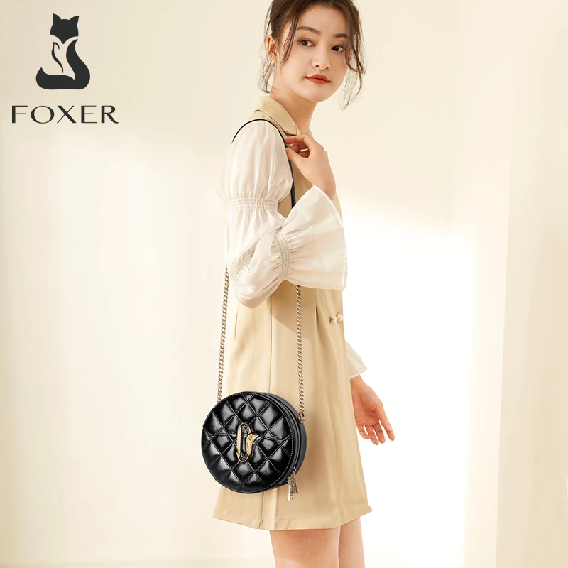 

FOXER Brand Fashion Women Round Crossbody Bags Designer Casual Lady Small Handbags Cow Leather Female Lattice Shoulder Bag Purse