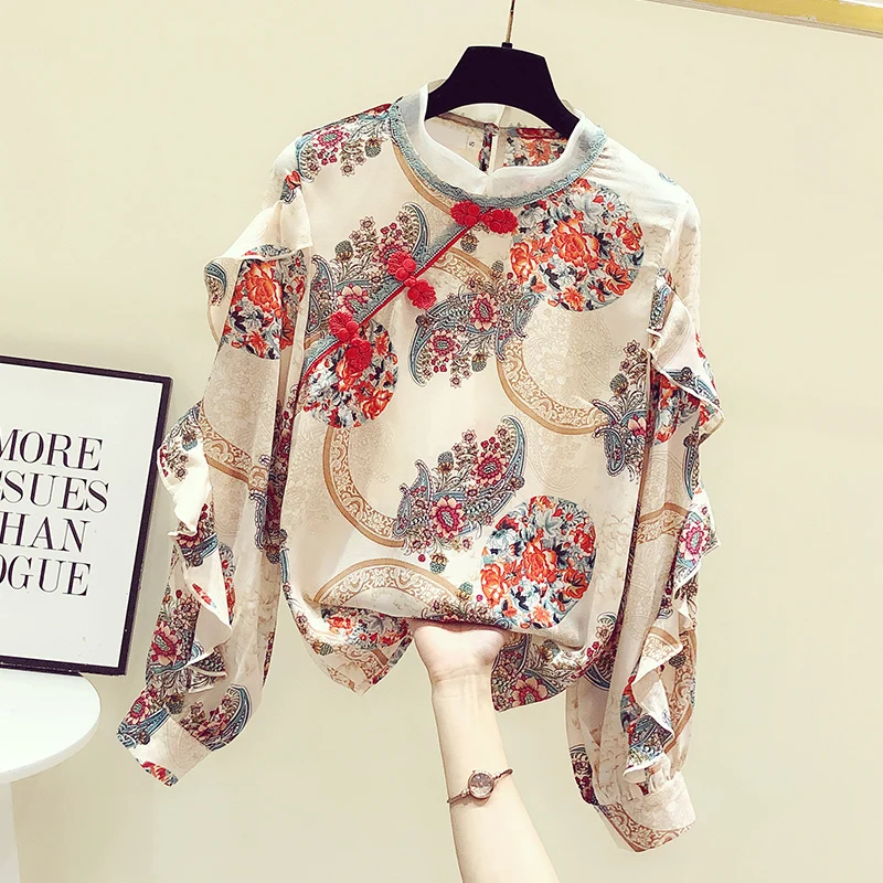 

2021 New Trend Chinese Style Cheongsam Tops Spring Longs Sleeve T Shirt Fashion Lady Floral Print Ruffles Chiffon Blouse Women