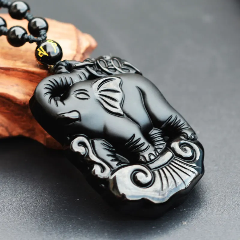 Мужское ожерелье подвеска черный обсидиан слон в багажник СВОБОДНАЯ цепь для