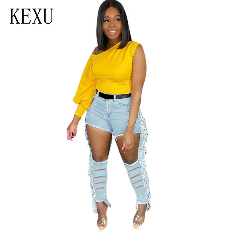 

KEXU Casual Streetwear Jeans Hollow Out Hole Side Tassel Pockets Zipper Up Button Sexy High Waist Skinny Party Sports Cowboy