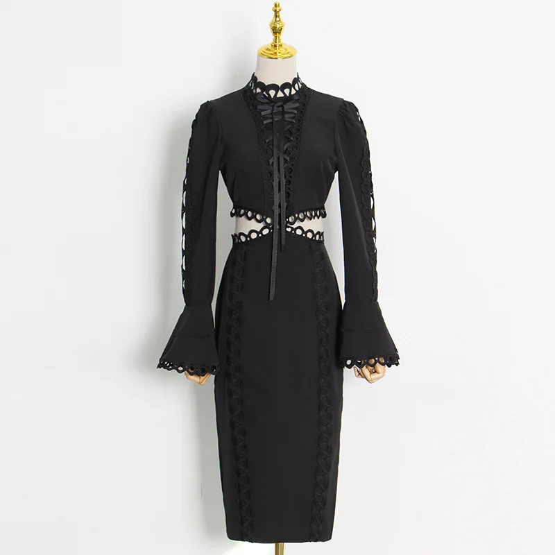 Женское облегающее платье-миди черное белое платье с вырезами на талии вечернее