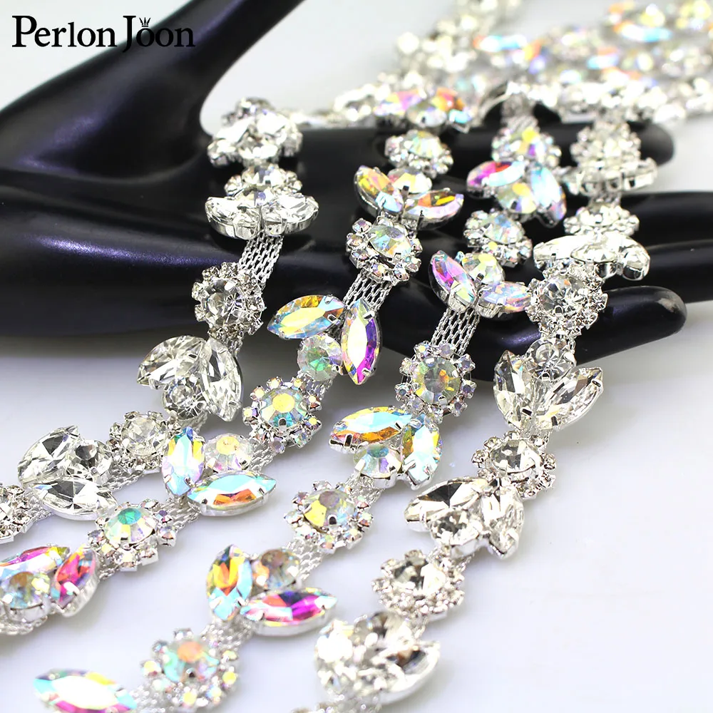 

1 yard leaves flower AB color glass crystal chain rhinestone trim crystal chain decoration wedding dress accessories ML108