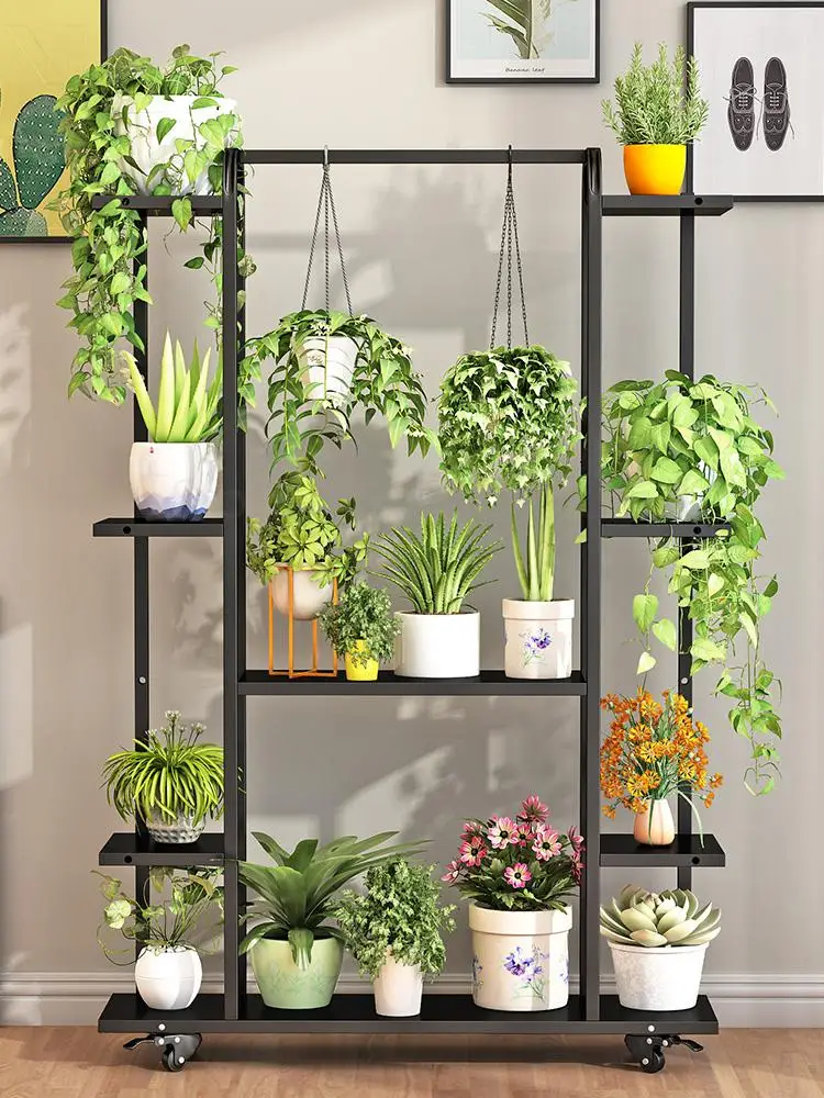 Flower Shelf Wrought Iron Indoor Multi-layer Simple Balcony Rack Living Room Floor Fleshy Green Dill With Wheels Po | Дом и сад