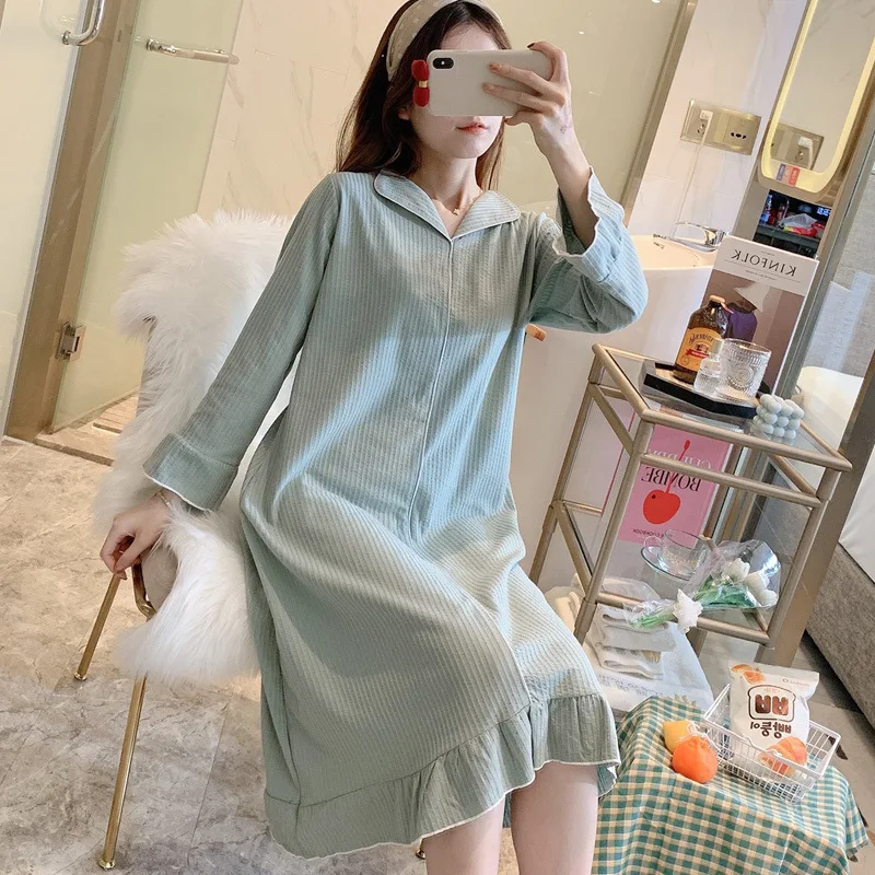 2021 Long Sleeve Nightdress Women's Spring Autumn Thin Casual Loose Long Skirt Solid Color Nightgown Dress Female Sleepwear