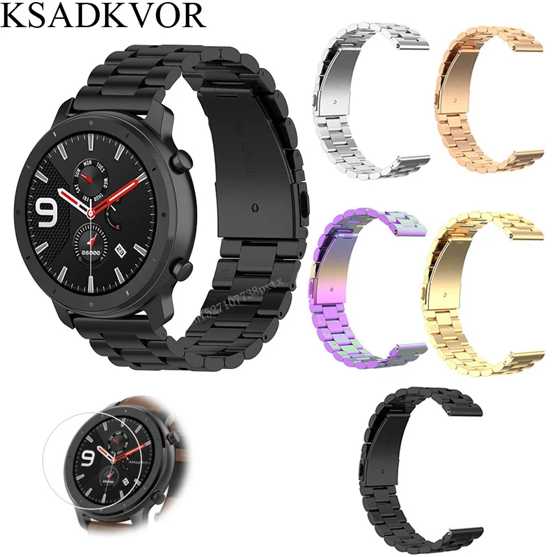 Ksadkvor металлический ремешок из нержавеющей стали для Xiaomi Huami Amazfit GTR 47 мм 42 мм браслет ремешок с экранным стеклом протектор