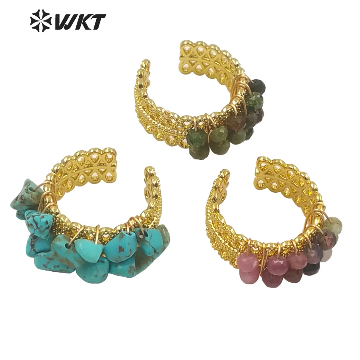 

WT-R367 Newest gold electroplated tiny crushed stone ring lady vintage boho fashion Ring by wire wrapped hand make Ring