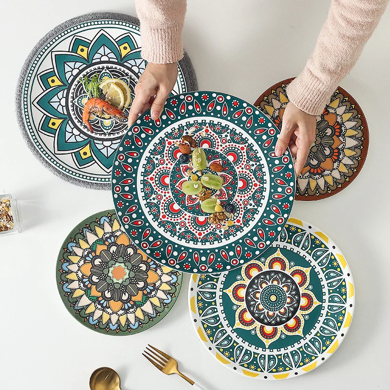 

European-style ceramic tableware bohemian flat plate home plate hand-painted plates shallow dish and dessert creative pattern
