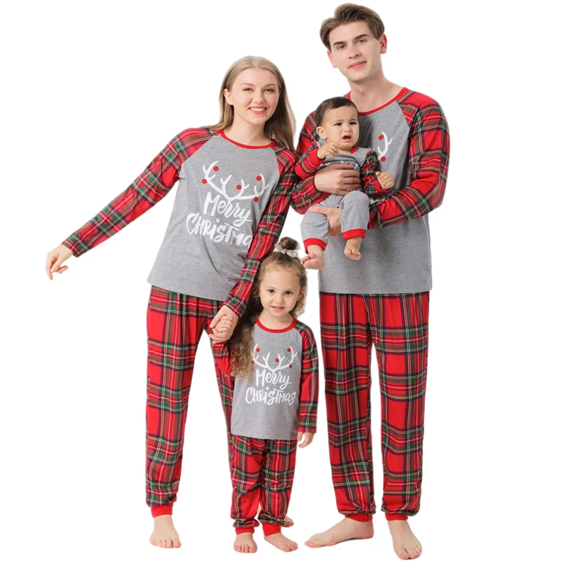 

Family Matching Outfits Cartoon Christmas Deer Printed Homewear Mom and Daughter Matching Clothes Grid Pajamas Parent-child Wear