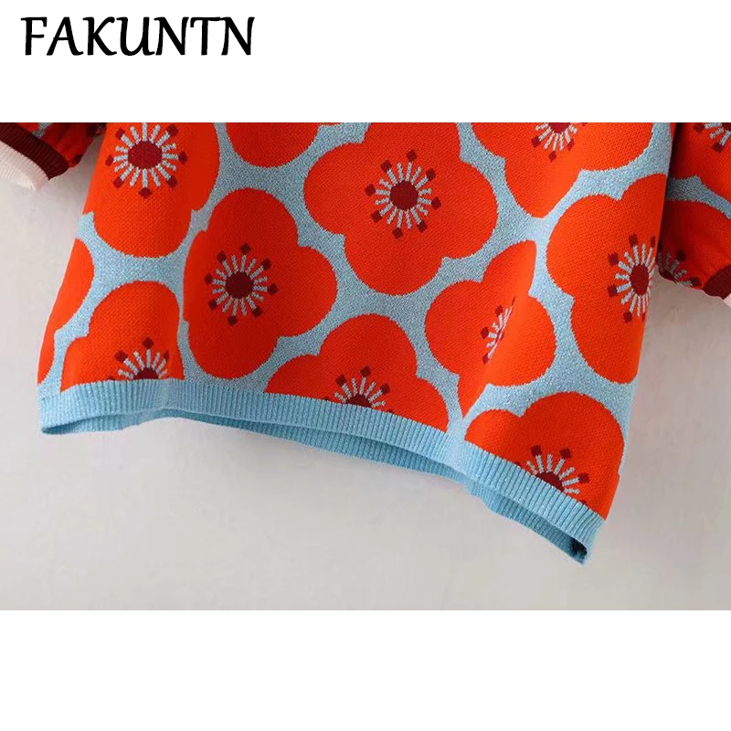 

Women's Sweater Pullovers Jumper Short Sleeve Knitted Top Summer 2021 Flower Jacquard Puff Sleeve Polo Collar Knitted Sweater