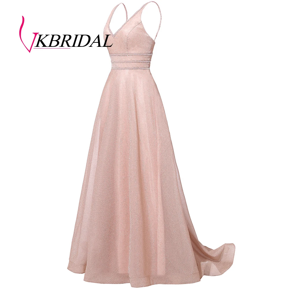 VKbridal сексуальное вечернее платье с v-образным вечернее платье ТРАПЕЦИЕВИДНОЕ Сверкающее платье для выпускного вечера Длинные вечерние платья со стразами реальное изображение
