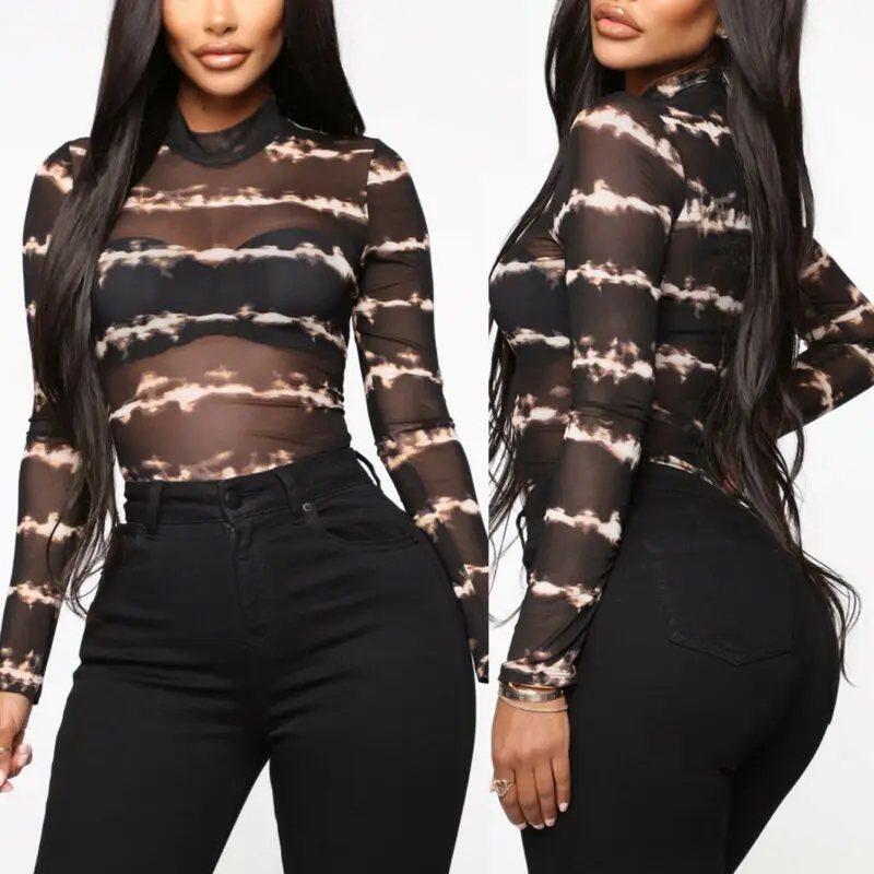 Сексуальное Женское боди Облегающий комбинезон трико топы с длинным рукавом