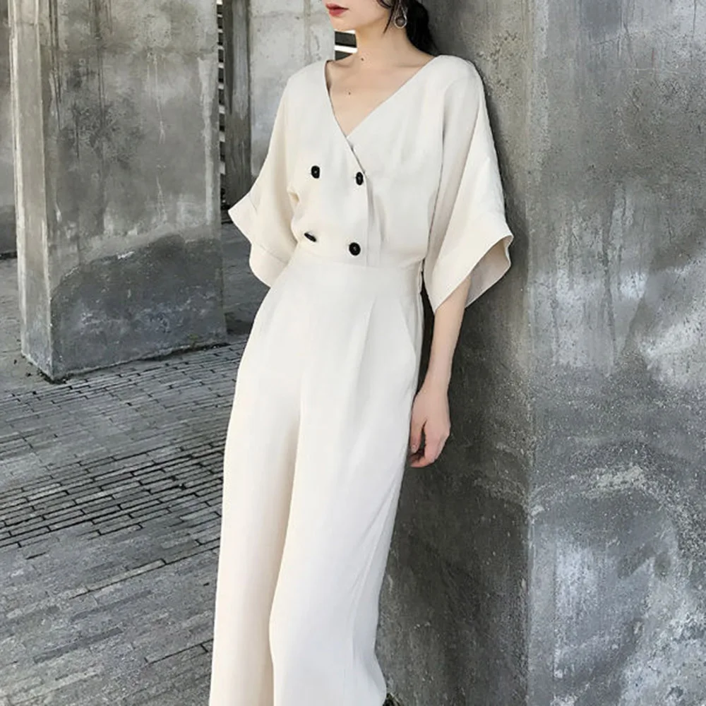 Сплошной цвет женский комбинезон 2020 Корейский Летний полурукав пуговицы Длина