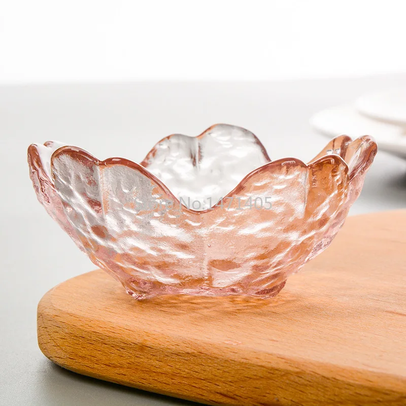 Japoński Sakura Mały talerz Przezroczysty różowy fioletowy szklany przyprawowy Młotkowany pięciopłatkowy Róża Miska Zastawa stołowa