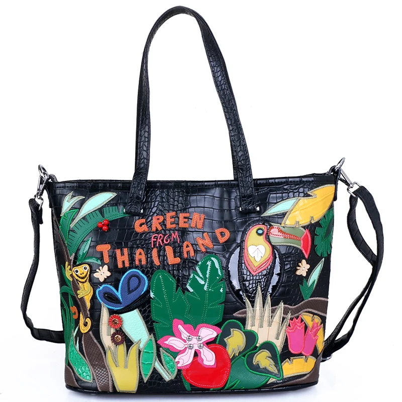 Women Bags Leather Patchwork Embroidery Handbag Shoulder Bags Cross Messenger Bag Tote Braccialini Style Cartoon Toucan Forest