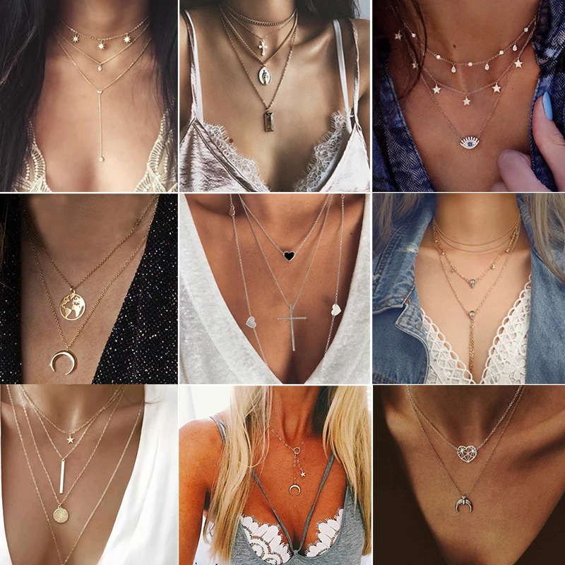 Новые многослойные, в стиле бохо, золотистого цвета, цепочки из сплава, чокеры, ожерелья, подвески и ожерелья с крестом в виде звезд для женщин и девушек, колье-ошейник с Луной