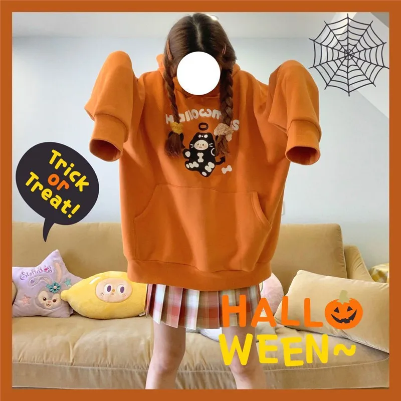 

Streetwear Spring Tops Girls Fashion Kawaii Loose Womens Casual Cartoon Cute Autumn Japan Orange High Street Sweatshirts
