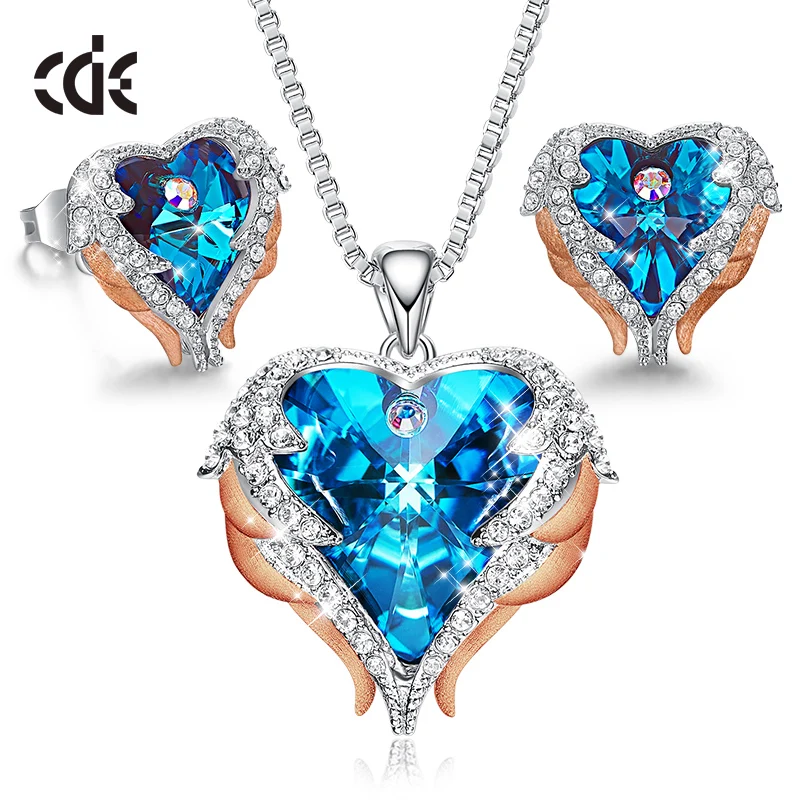 Blue P0902J E1752F CDE, женское ожерелье, серьги, ювелирный набор, украшенный кристаллами Swarovski, женское сердце, подвеска, шпилька, модное ювелирное изделие, подарок - Цвет камня: Blue P0902J E1752F
