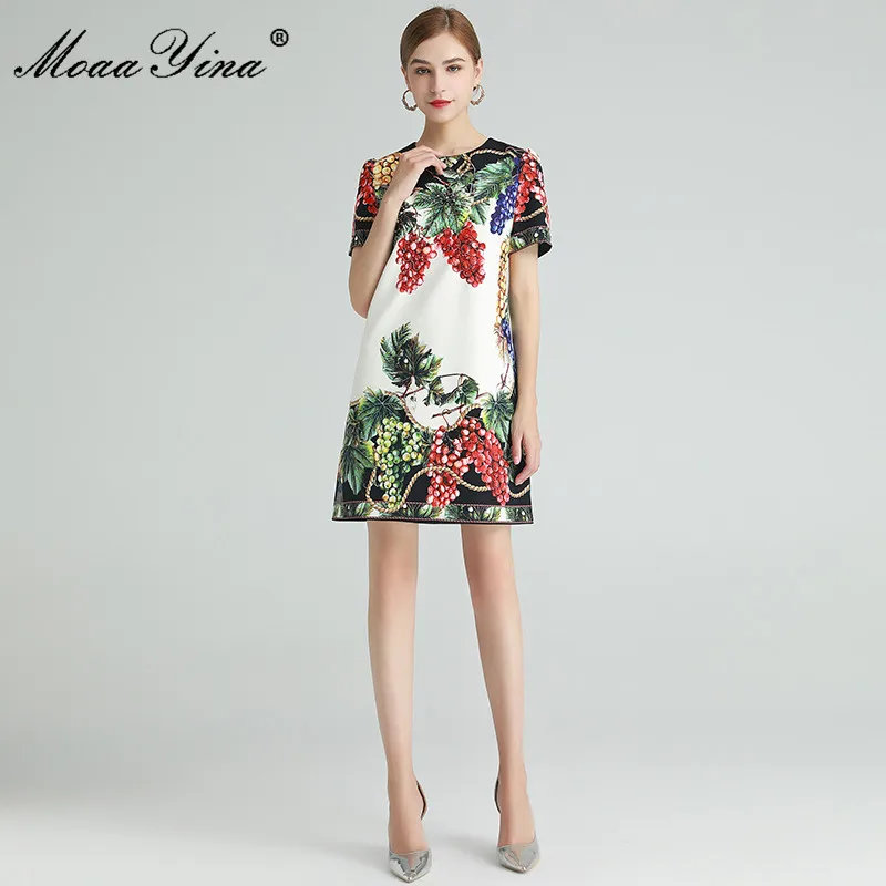 

MoaaYina Fashion Designer dress Summer Women's Dress Short sleeve Grape Green leaf Print Beaded Dresses