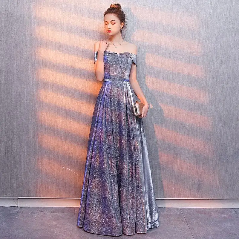 

Элегантный сладкий светильник фиолетовое вечернее платье Robe De Soiree Мода лодочка шеи Длинные вечерние платья без черных блесток Формальные п...
