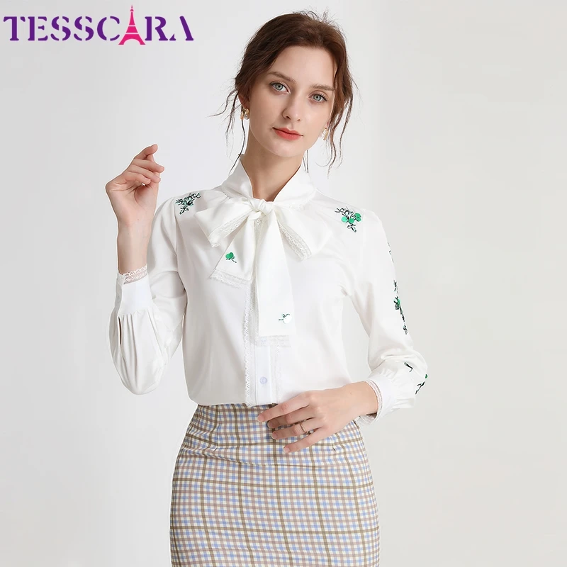 Роскошная женская блузка TESSCARA с вышивкой рубашка женский элегантный белый топ