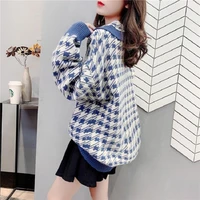 2021 autumn and winter new extra large womens clothing student houndstooth all match sweater college temperament blouse women