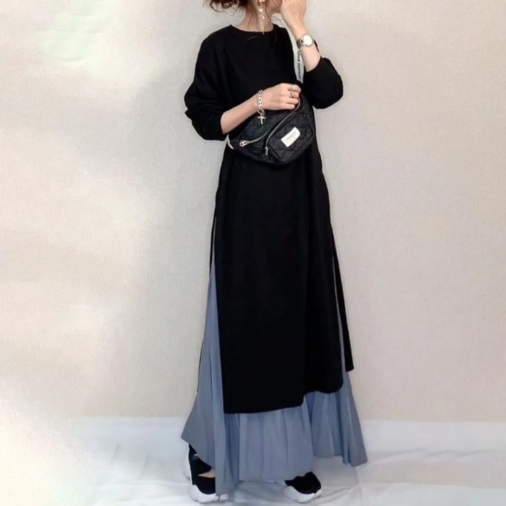 

Женское плиссированное платье до щиколотки, повседневное лоскутное платье-пуловер с рукавом три четверти и круглым вырезом, 2021