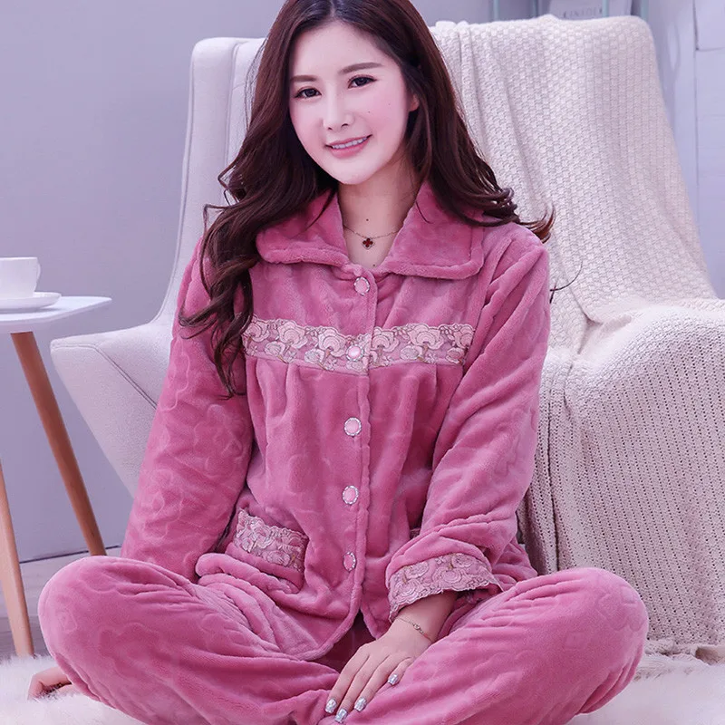 UHYTGF Thick Flannel Winter Pajamas Set Women Coral Fleece Casual Warm Spring Autumn Sleepwear Female Pyjamas Homewear Suit 1861