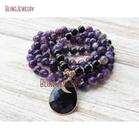 108 mala amethyst onyx mala necklace hand knotted beads mala necklace with onyx teardrop charm and gold crescent mn32009