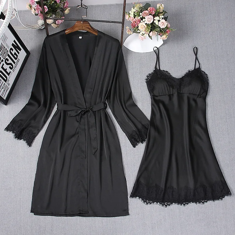 Темно-красный пикантный халат для сна кимоно комплекты одежды Женский костюм из 2