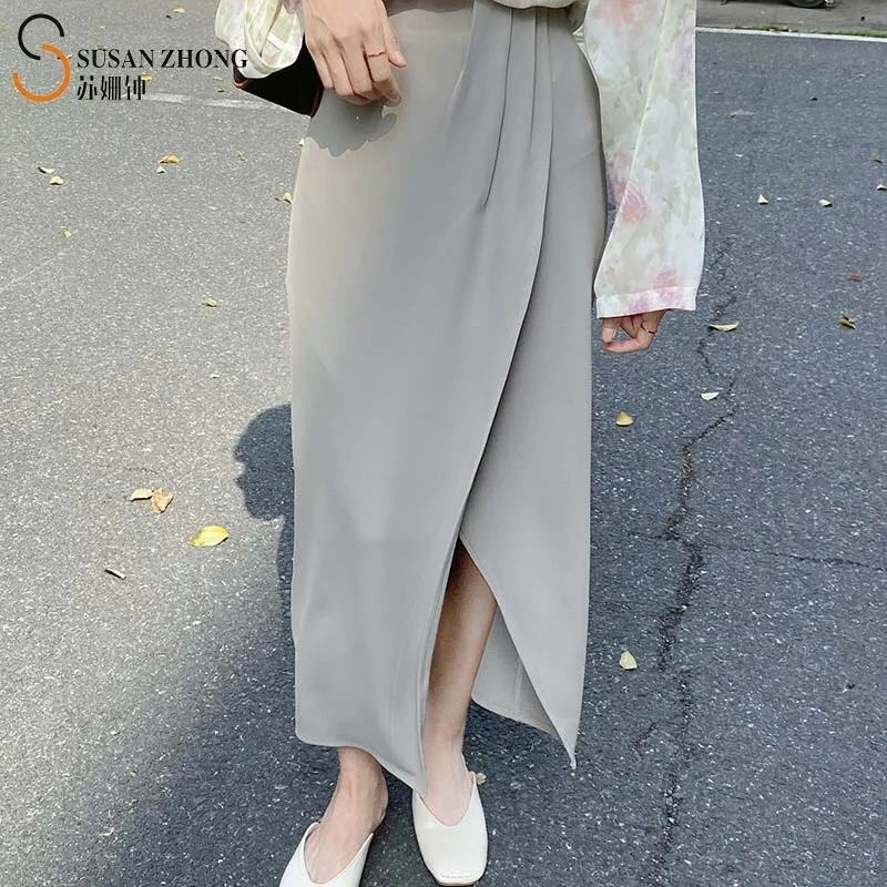 

Women Skirts Pencil 2021 Spring Summer Fashion Elegant Office Straight Loose High Waist Elastic Pleats Slit Korean Style Indie