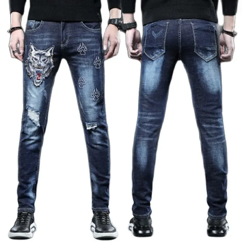 

Wolf head embroidered jeans men's slim slim stretch hole scratch claw casual stretch comfortable straight jeans