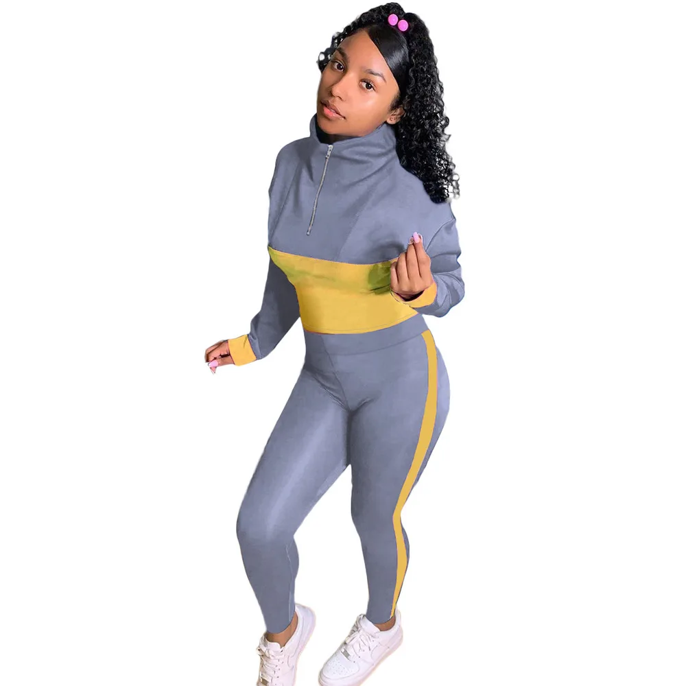 

Contrast Color Patchwork Sporty Tracksuit Women Zipper High Necked Long Sleeve Pullover+fitness Trousers 2 Pcs Matching Outfits