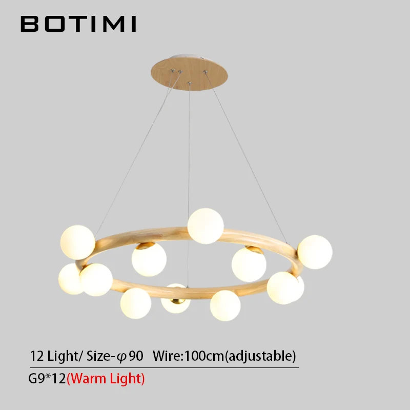 12 Light BOTIMI круглый деревянный светодиодный канделябр для гостиной стеклянный шар современные кордовые подвесные люстры кухонная осветительная арматура - Цвет абажура: 12 Light
