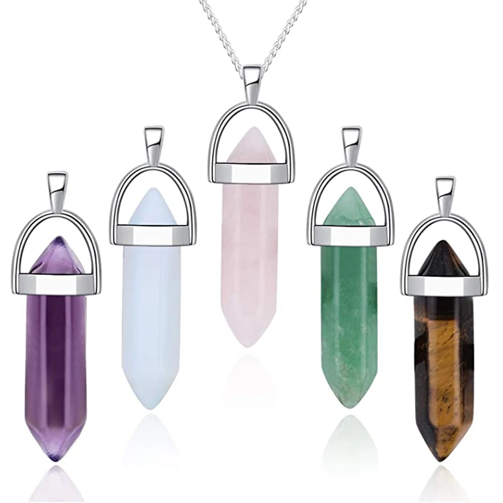 

5pcs/lot Gem Stone Pendants Amethysts Tiger Eyes Crystal Aventurine Opal Hexagonal Pointed Healing Reiki Chakra Necklace Pendant