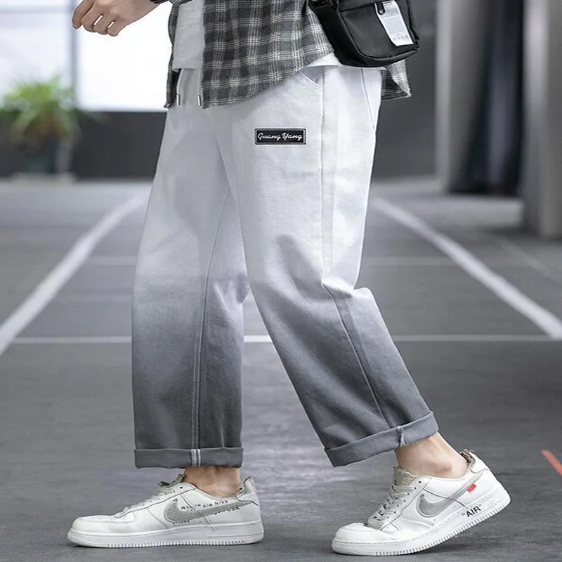 Men Jeans Cropped Fashion Gradient Color Drawstring Casual Denim Pants Male Streetwear Baggy Jeans Trousers