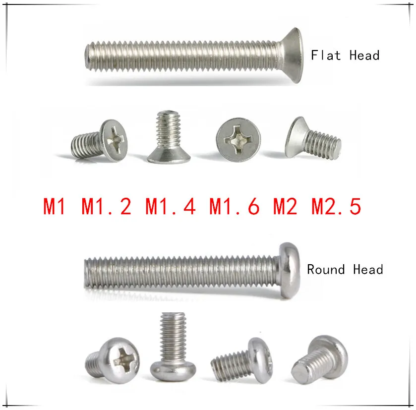 

Stainless Steel Phillips Screws M1/M1.2/M1.4/M1.6/M2/M2.5*3/4/5/6/8/10mm cross Flat/Round Head Thread Metric Machine screw bolt