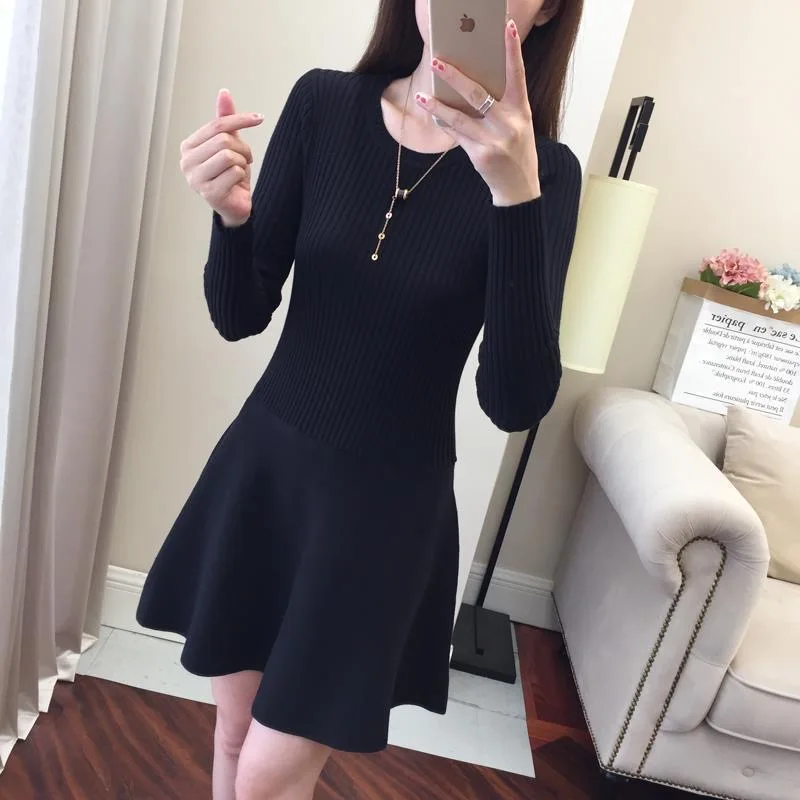 

2020 New autumn women knitting dresses casual mini fashion A-line Sweater dress long sleeve slim black winter short dresses