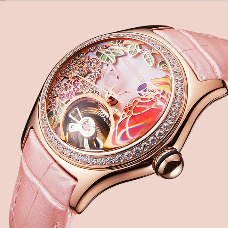 

2020 Reef Tiger/RT Top Fashion Brand Watches For Women Leather Steel Band Automatic Mechanical Tourbillon Watches Clock RGA7105