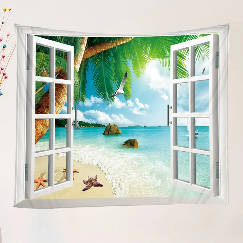 

1Pc 150x130cm Unique Ocean Beach Scenery Backdrop Wall Decorative Tapestry Outside Window Seascape Hanging Cloth for Home Hotel