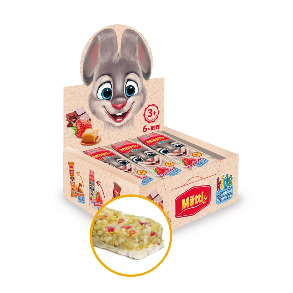 Батончик-мюсли злаковый Matti Kids Клубника 24г шоу-бокс 6шт | Продукты