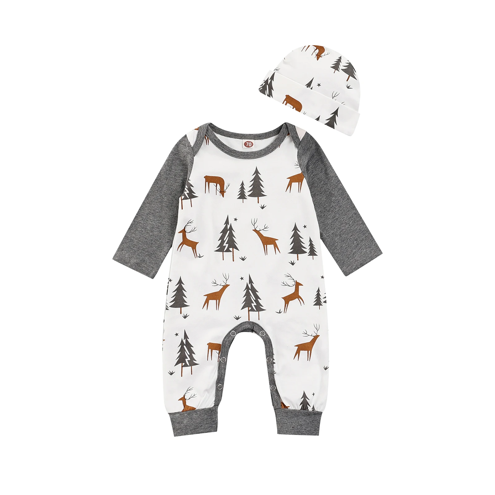 

2Pcs Autumn Winter Baby Romper Casual Clothes Long Sleeve Jumpsuit with Hat Cartoon Christmas Printing Long Pants Fashion Oufits