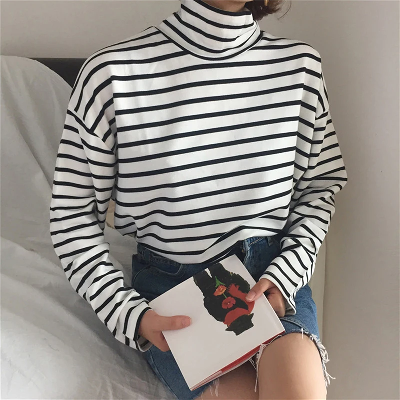 

Women Turtleneck Korean Style T Shirt Female Slim Fit Tee Shirt Bottoming Tops Pullover Harajuku Top Long Sleeved Striped Tops