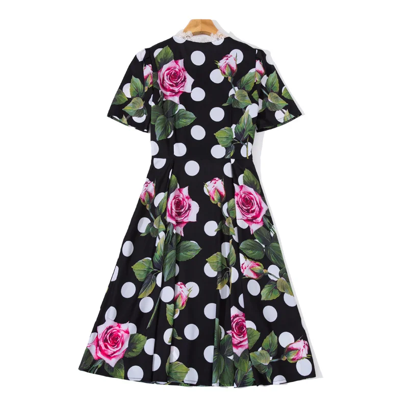 

Fashion Runway Summer New Women'S Holiday Beach Party Sexy V-Neck Dazzling Beaded Short Sleeve Charming Rose Print Midi Dress