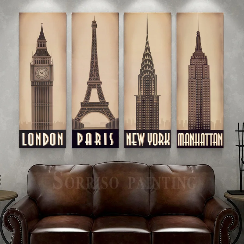 

Retro Nostalgia Eiffel Tower Big Ben Empire State Building Canvas Painting Pictures Wall Art Posters Prints Home Living Decor