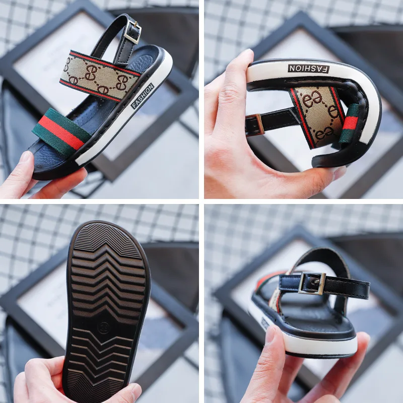 

2021 Summer Kids Boy Girl Shoes Sandals Hook&Loop Striped Fashion Concise Flat Heels Non-slip Red Sandals